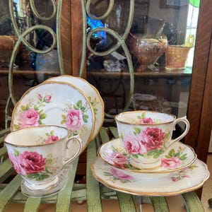 Royal Albert American Beauty Trios. Set of 2.  Cups, Saucers, 6.26 inch diameter Plates. Produced in England 1941 to 1998.