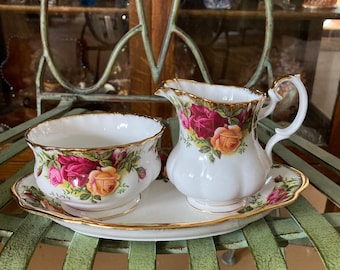 Royal Albert Old Country Roses Creamer,Sugar Bowl, Tray Set. Tray8 inches wide. Produced in England 1962.