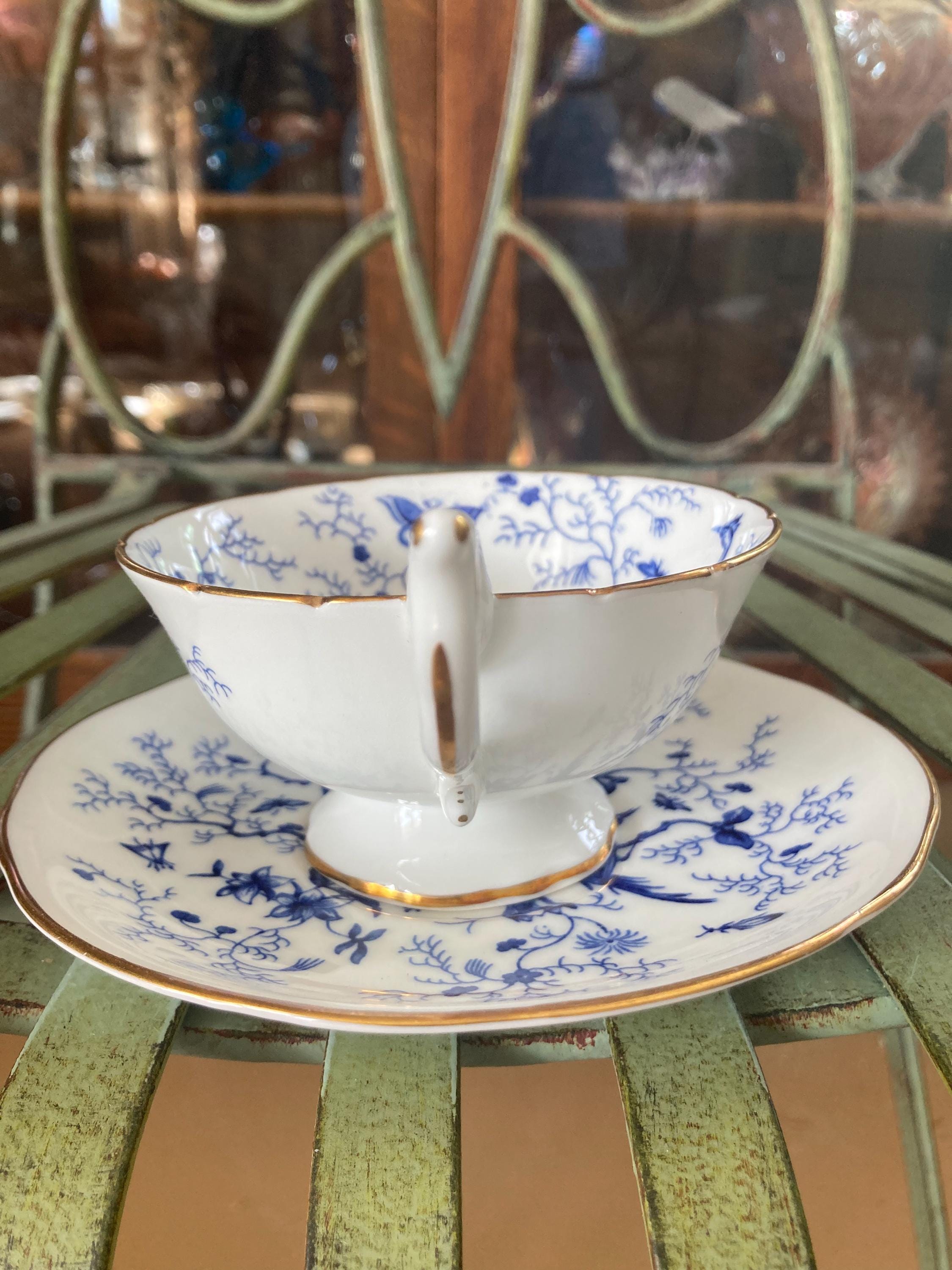 Coalport Cairo Blue 9252 Teacups and Saucers. Footed, Set of 2