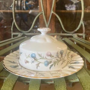 Royal Albert Brigadoon  Butter Dish. Under plate 6.25 inches diameter. Produced in England 1963 to 2001.
