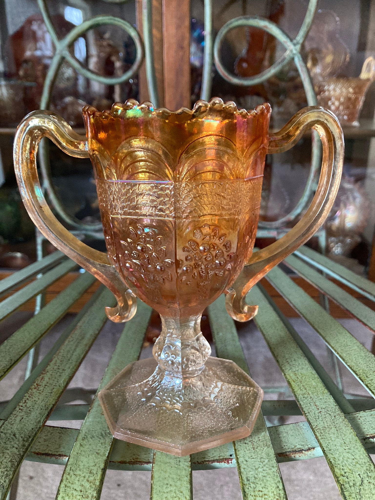 Carnival Glass Orange Tree Marigold Loving Cup. Produced by Fenton