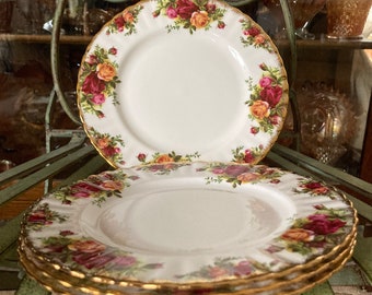 Royal Albert Old Country Roses Salad Plates. Set of 4. 8 inches diameter. Produced in England 1962.