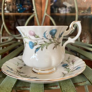Royal Albert Brigadoon Demitasse. Saucer 4.75 inches diameter. Produced in England 1963 to 2001.