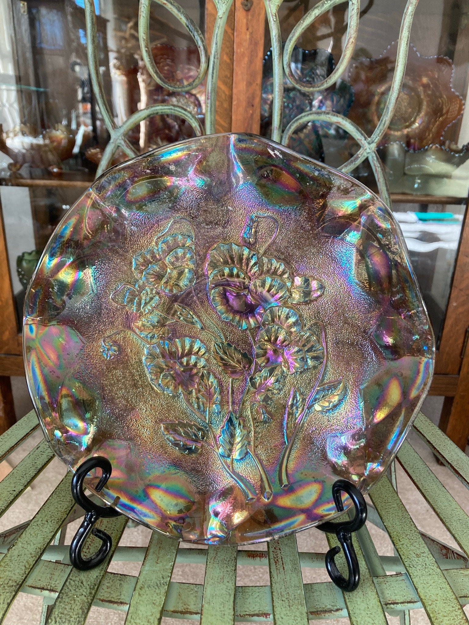 Carnival Glass Pansy smoke plate. 9.5 inch diameter. 1.75 inches high. Produced by Imperial 1910.