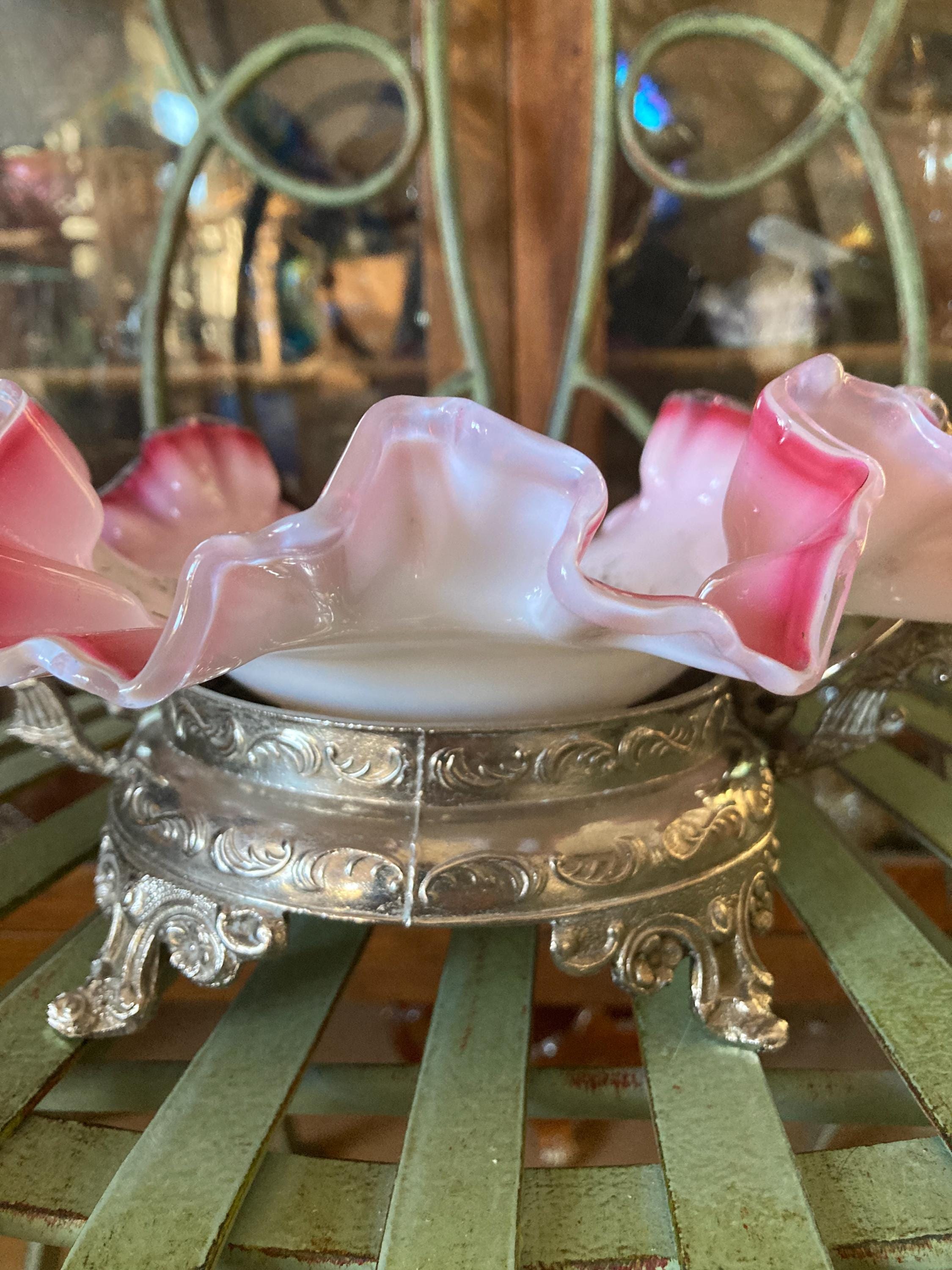 Antique Victorian Brides Basket. Silver Plated. Milk Glass With