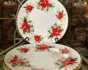 Royal Albert Yuletide Dinner Plates. Set of 4. 10.5 inches diameter. Produced in England 1966 to 2001.