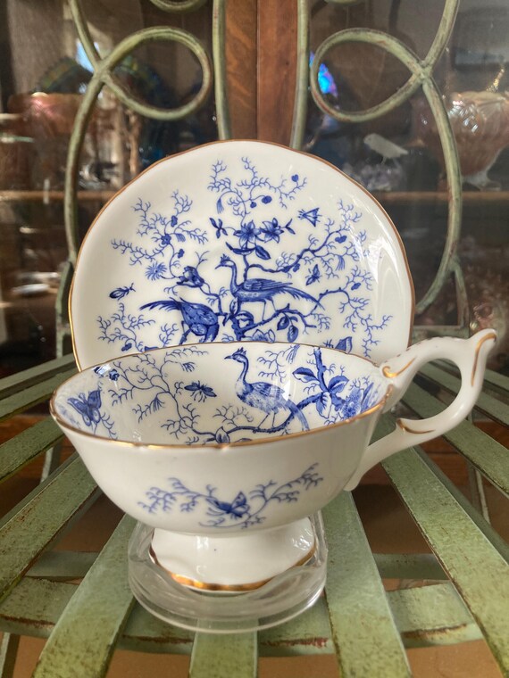 Coalport Cairo Blue 9252 Teacups and Saucers. Footed, Set of 2