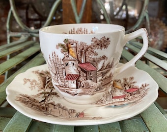【レアオリジ7】Neal Johnson ニューブリードR&Bモッズ ロカビリー Johnson Brothers the Old Mill Brown Cups and Saucers. Set of 2