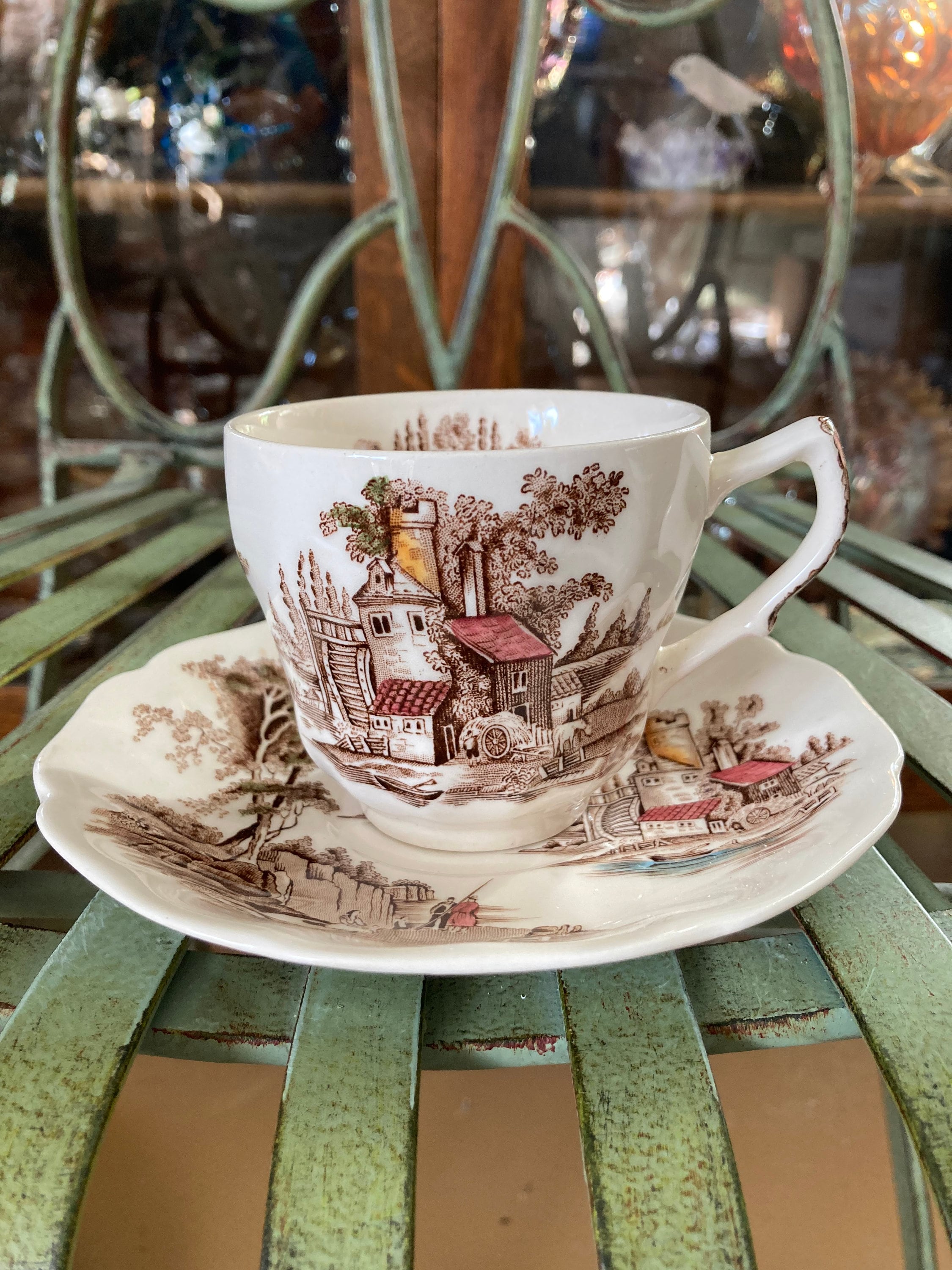 Johnson Brothers the Old Mill Brown Cups and Saucers. Set of 2