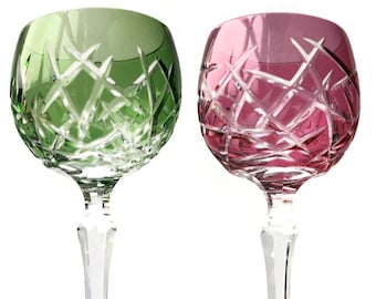 2x Wine glasses, Cut to Clear Crystal, Bohemian Wine Goblets | Green and Red.