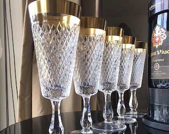 Copas de champán de cristal | Copas con ribete de oro de 24 quilates | 6 piezas | Diseño de diamantes | Diseño de mediados de siglo de los años 50