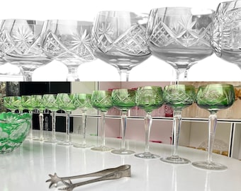 12 Crystal Wine Glasses Green | Antique Glassware | Val Saint Lambert, Saint Louis, Bohemian