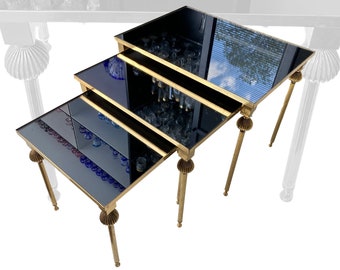 Brass Nesting Tables | Brass & Black Antique Mirror Glass | Set of 3