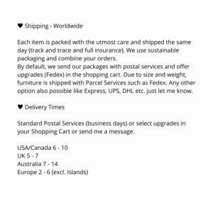 May include: Shipping information for a shop with worldwide delivery. Standard shipping takes 6-10 business days for the USA and Canada, 5-7 days for the UK, 7-14 days for Australia, and 2-6 days for Europe (excluding islands).
