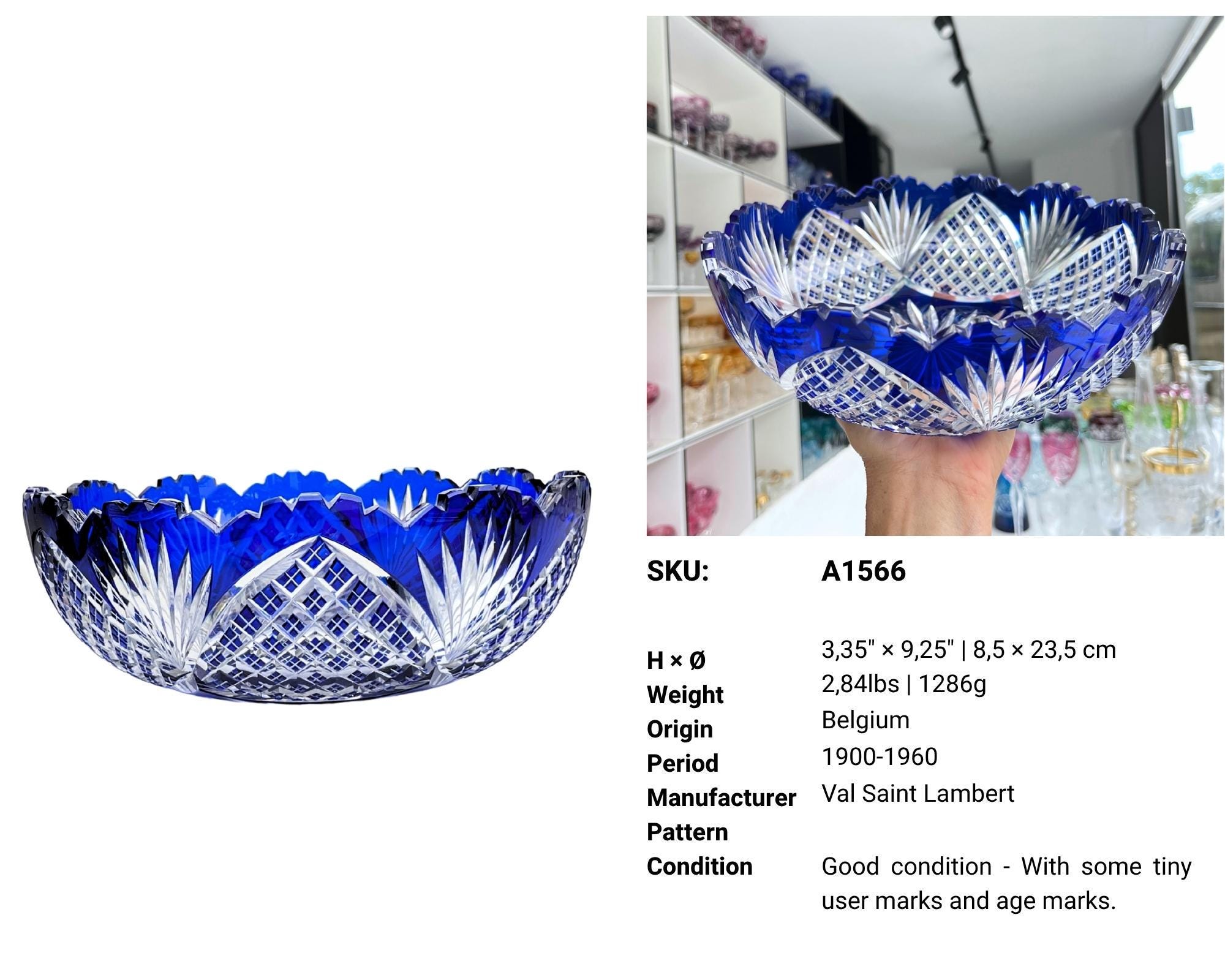 Val Saint Lambert Crystal Bowl | Blue Cut to Clear | Vintage - Etsy