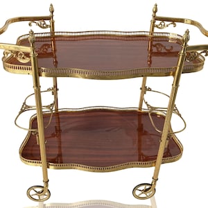 Brass Wood BAR CART | Neoclassical Leaf Shaped! | Teak Wood and Removable Trays | ca 1950s