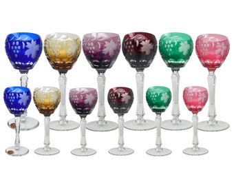 Crystal Wine Glasses Color | 12Pcs Large and Small | Cut to Clear Color | 1970s Grapes Decor