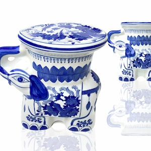 Blue White Ceramic Elephants | 2Pcs Garden Stools | Vintage Plant Stand