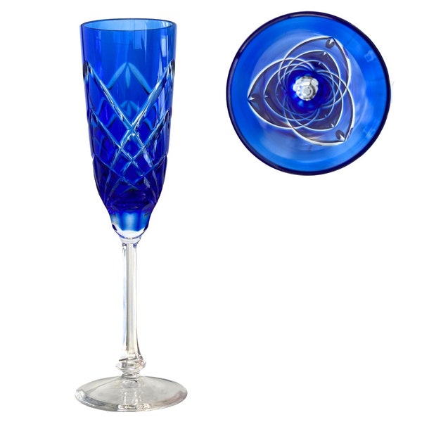 Crystal Champagne Glasses | 6x Blue Flutes | Color Overlay | Vintage