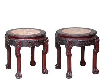 Chinese Pair Side Tables | 2Pcs Plant Stands | Red Marble and Lacquer | Carved Wood