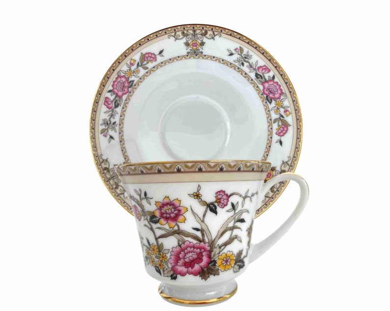 Tasses à thé sur pieds en porcelaine Noritake 8 Soucoupes 11 Sucrier 1 Rêve asiatique rose image 1