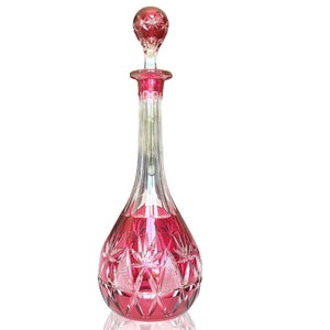 Cut Crystal Decanter | Belly Shape by Val Saint Lambert | Cranberry Red Carafe | Pre 1930s