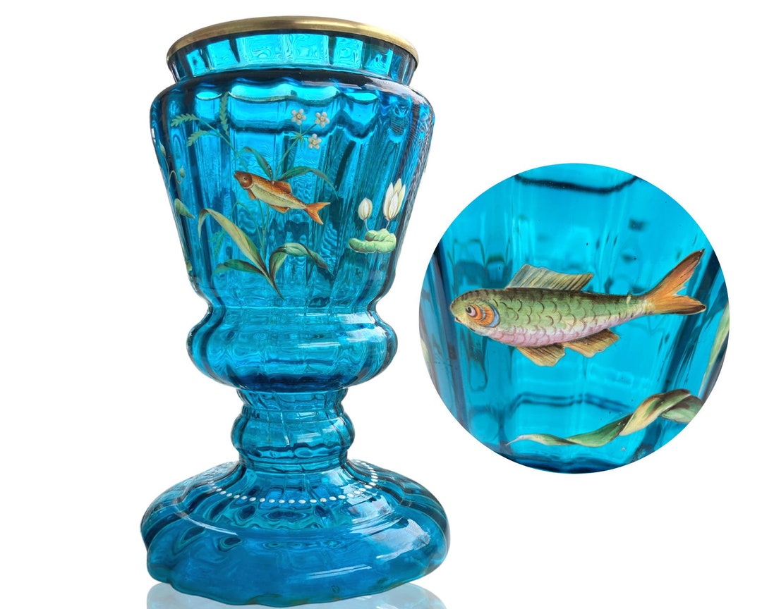 Antique Blue Glass Vase | Enameled With Painted Fish | Harrach Ca 1910 ...