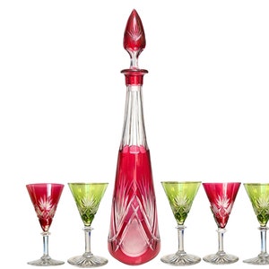 Val Saint Lambert Decanter | Eurydice Red and Green | 1 Decanter and 5 Sherry Glasses.et