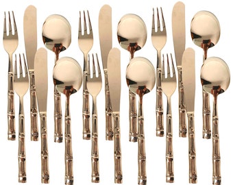 Brass Dessert Set Flatware | 18x | Cake Forks, Spoons, Knifes | Polished Brass | Bamboo Cutlery
