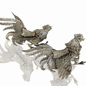 シルバーの雄鶏のペアの置物 |鳥の彫像 |テーブルセンターピース | 8.26インチ、21cm | 50年代以降