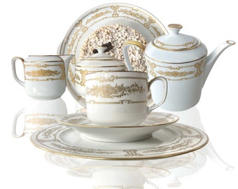 Art Deco Tea Set For 12 | White Porcelain | Gold decorations | Teatime Poetry by Hutschenreuther Hohenberg