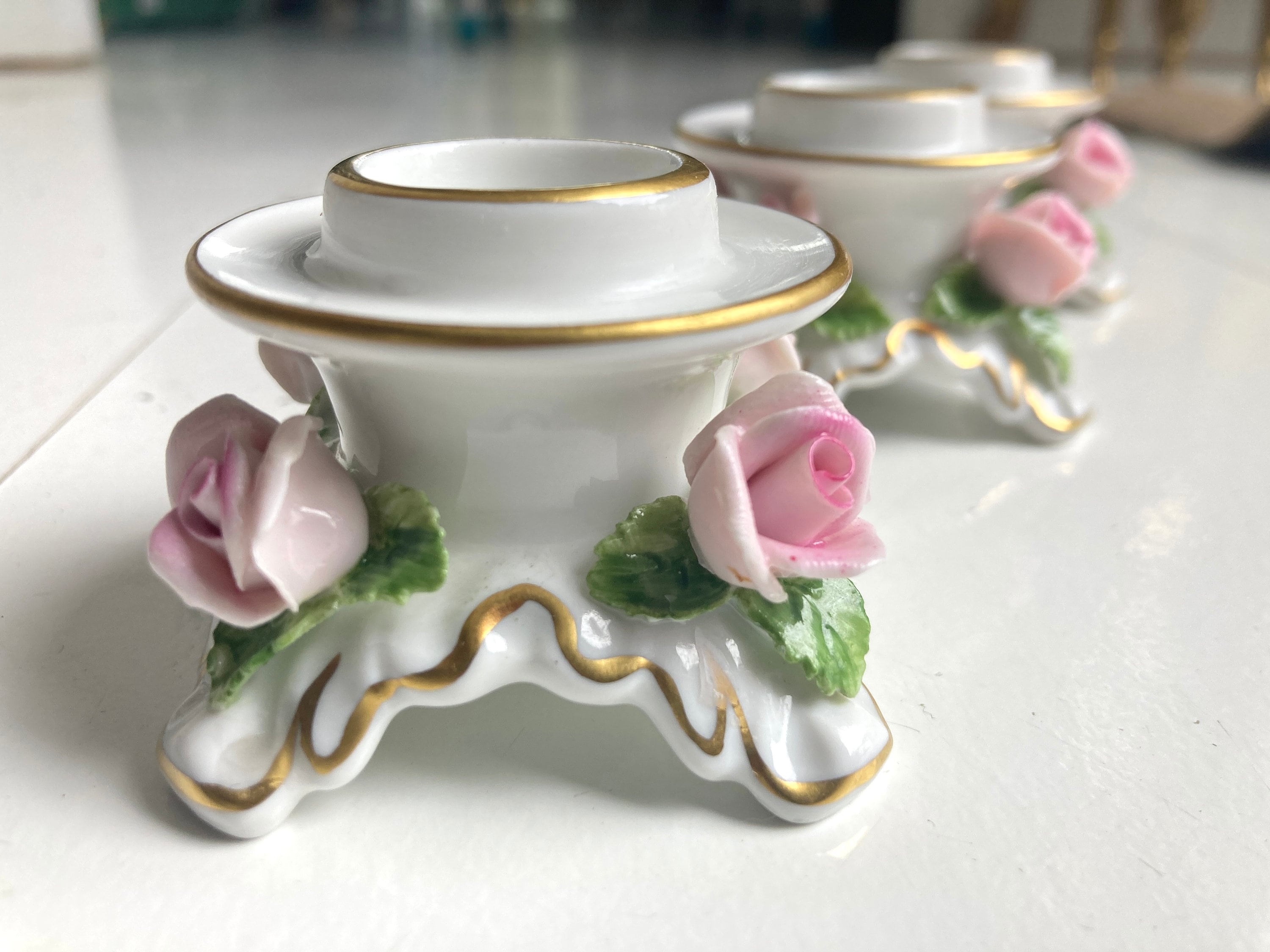 Porzellan-Kerzenhalter Kaiser | 5 Stück | Rosen in Rosa mit Gold