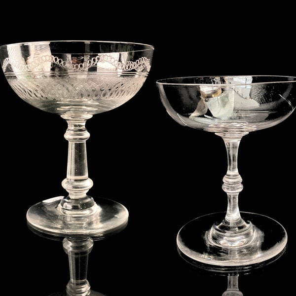 French Champagne Glasses | Crystal Coupes | Etched and Plain | 1900-1920s | Make your selection