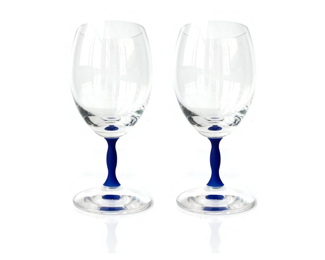 6x Crystal Water Glasses Water Goblets With Cobalt Blue Stem Signed