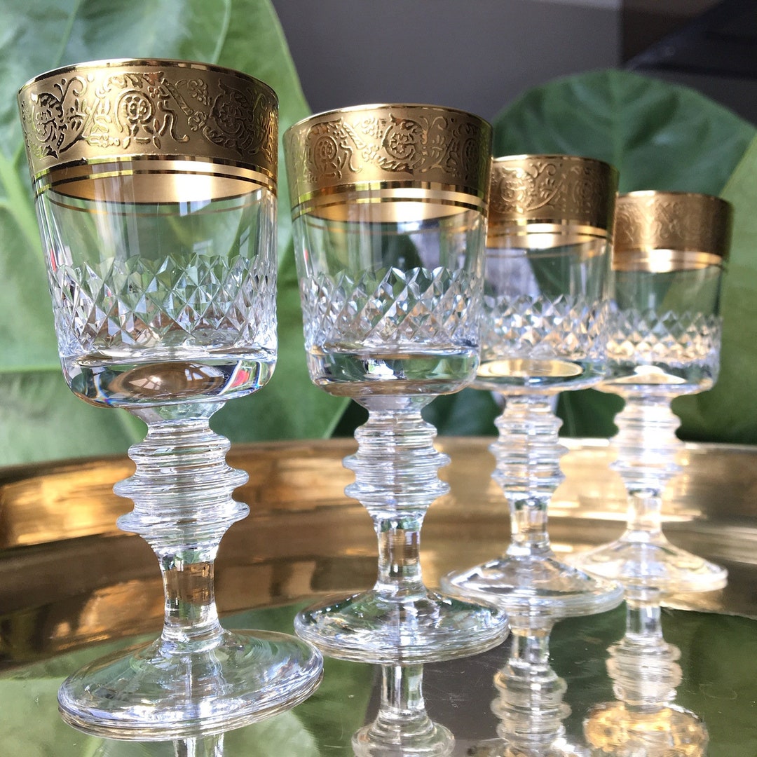 4x Crystal SHOT Glasses, High Stem Cordial Glasses / 24K Gold Rim