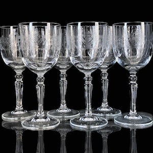 Può includere: Sei calici da vino in cristallo trasparente con disegni floreali incisi. I calici hanno una forma classica con una coppa rotonda, un lungo stelo e una base circolare. Sono disposti in fila su sfondo nero.