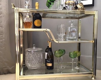 Pierre Vandel BAR CART avec plateau doré | 3 niveaux, porte-bouteilles et plateau de service | Paris années 1960