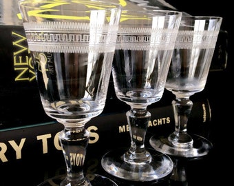 3x Crystal Wine glasses with GREEK pattern engraving. Handmade Antique glassware.