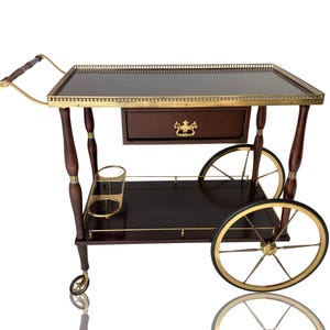 French Bar Cart | Brass and Lacquered Wood | Drawers and Bottle Holder | 1960s