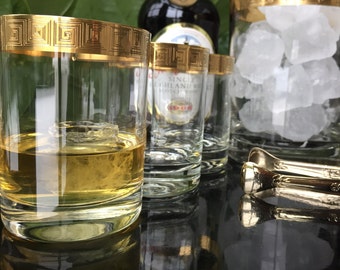Vasos De Whisky Clave Griega | 6 piezas | Vasos de agua con ribete dorado | Estilo Versace