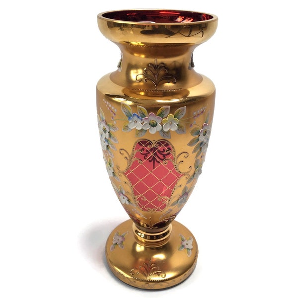 Ruby Red Vase | Moser Style | Gold with Raised Flowers