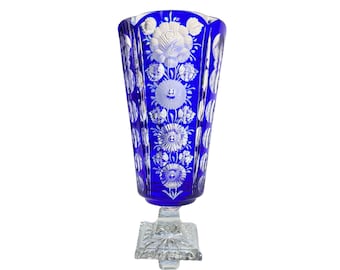 Vaso di cristallo grande | Portafiori con piede in blu cobalto | 1 pezzo