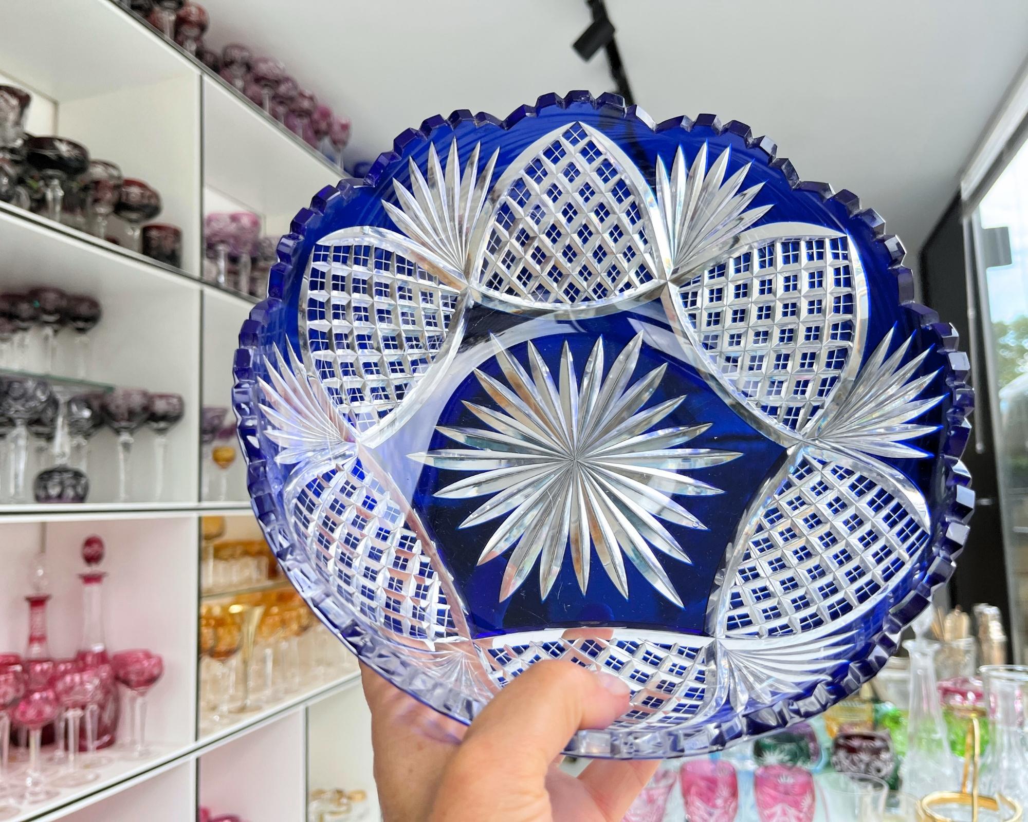 Val Saint Lambert Crystal Bowl | Blue Cut to Clear | Vintage - Etsy