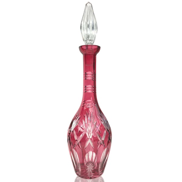 Carafe en cristal rouge | Carafe à vin ronde | Cristal taillé à col haut | Années 1960-70