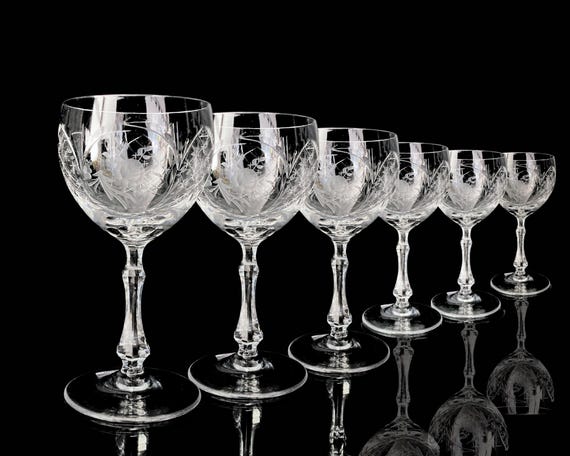 Jugendstil-Weingläser | Antike Weinkelche | 6 Stück | Gravierte Rosen