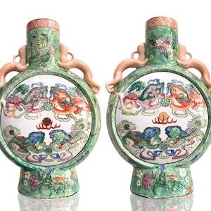 Pair Chinese Vases | Green Moon Flask | 2Pcs | Mid-Century