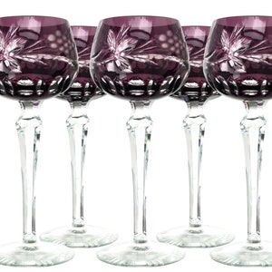 5x Purple Wine Glasses | Amethyst Wine Hocks | Cut to Clear Crystal | 1960s