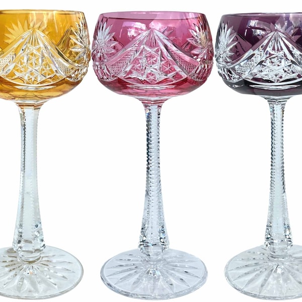 Verres à vin couleur cristal | Ensemble de 3 | Couper pour effacer | Val Saint Lambert, Knittel Allemagne | 30 % de cristal de plomb