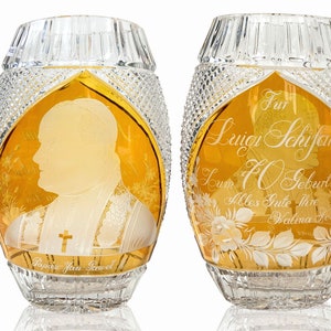 Vase Pope Jan Pawel II | Signed Luigi Schifani | Lead Crystal Cut Vase in Yellow