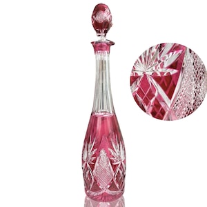 Val Saint Lambert Decanter | Red Color Overlay | Cut Crystal Carafe | Signed